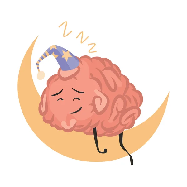 Brain Character Emotion Intelligence Emoji Sleeps Moon Illustration Cute Hero — Stock Vector