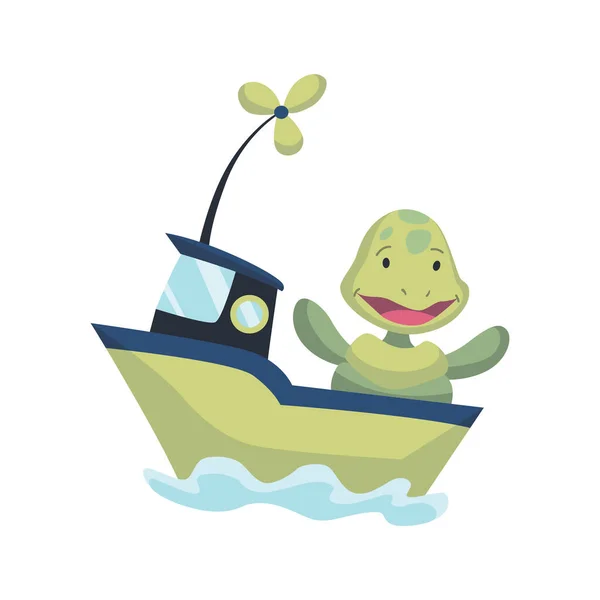 Cute Turtle Animal Sailing Boat Vector Funny Cartoon Sailor Ship — ストックベクタ