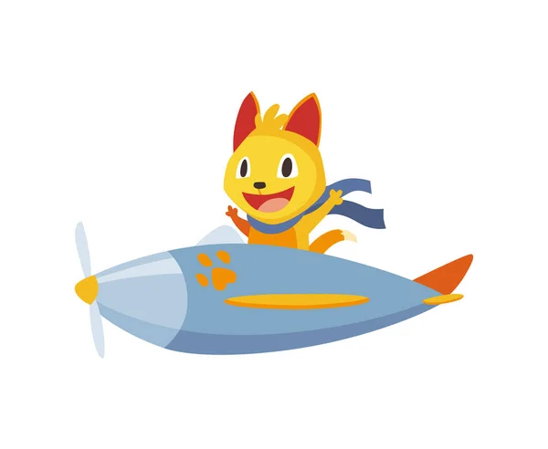 Cute Baby Animal Cat Scarf Fluttering Airplane Funny Happy Pilot — Image vectorielle