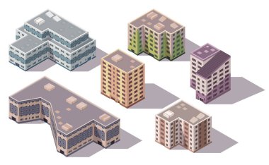 Collection of vector isometric high rise buildings and street elements with place for parking. City or town map construction elements. Icons representing multi story building. Houses, homes offices.
