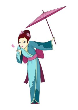 Japanese girl standing in kimono. Women in traditional style costume. Full length portrait of typical Japanese geish.