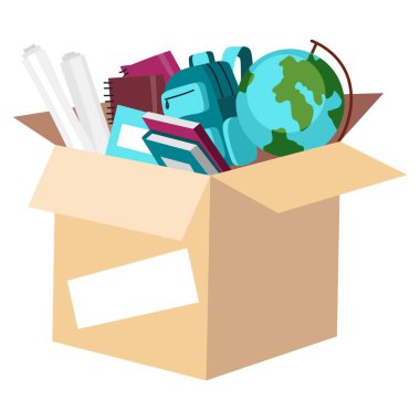 Cardboard donation box full of school supplies or stationery. Charity and donate for poor people, help homeless and support needy. Volunteering, social care charity concept. Needed items.