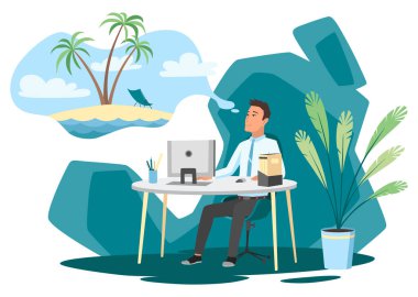 Tatil hayali kuran bir ofis çalışanı. İş adamı rahatlıyor ve iş yerinde bir şeylerin hayalini kuruyor. Modern ofis içi. İş konsepti.