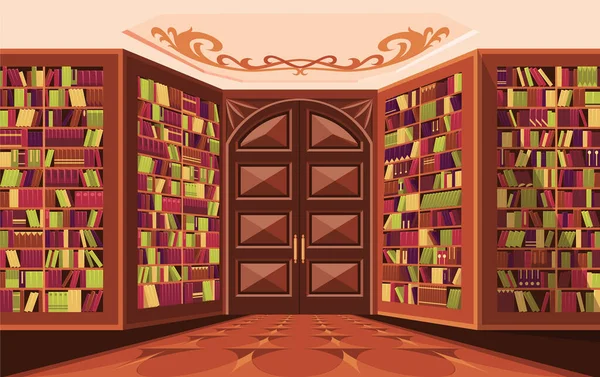 Library Interior Bookcases Book Shelves Interior Luxury Library Wooden Furniture — Vetor de Stock