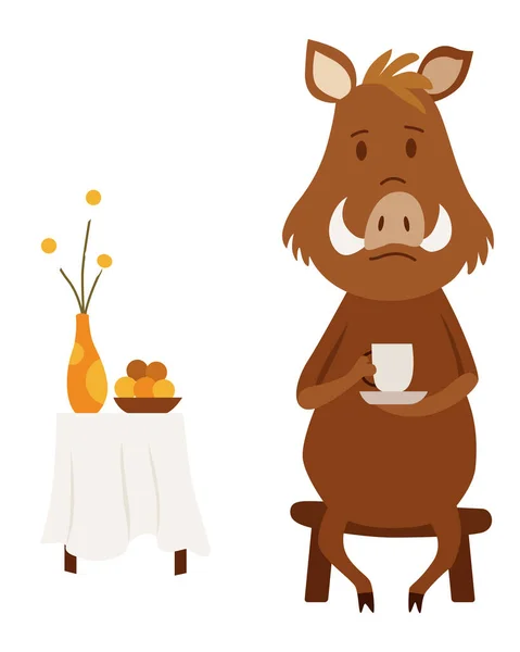 Hog Κάθονται Φλιτζάνι Τσάι Τακτοποίηση Άνετο Σπίτι Τους Άγρια Ζώα — Διανυσματικό Αρχείο