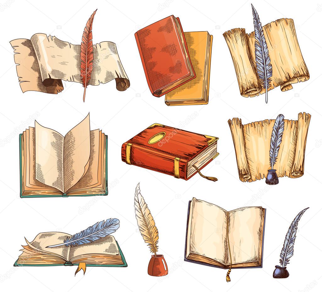 Collection of old books and antique quills. Education and wisdom concept. Vector icons for education and literature theme design. Vintage books and feathers icons.