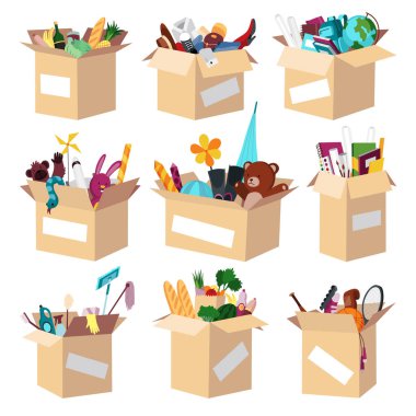 Cardboard donation boxes set with clothes, accessories and foods. Charity and donate for poor people, help homeless and support needy. Volunteering, social care charity concept. Needed items.