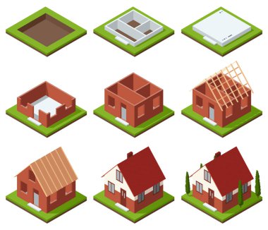 House construction Isometric set stage-by-stage. Visualization of modern building on different building process. Collection of phases from plan to finished building.
