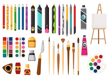 Painting tools cartoon illustration set. Drawing creative materials for workshops designs. Painter art equipments. Artistic decorative elements of art supplies with easel palette paints brush, pencil.