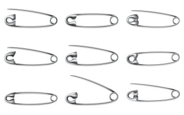 Safety pin icon set. Metal sewing tool for fasten pieces of clothing together. Vector design of opened and closed silver or stainless steel safety pins on white background.