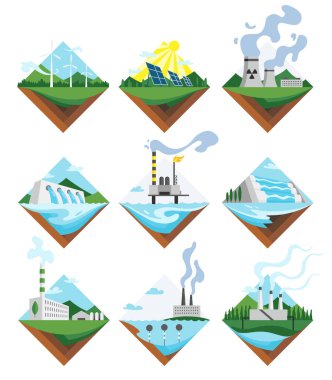 Generation energy types icon set. Power stations sign collection. Modern technology, ecological no emissions industry, sustainability concept.