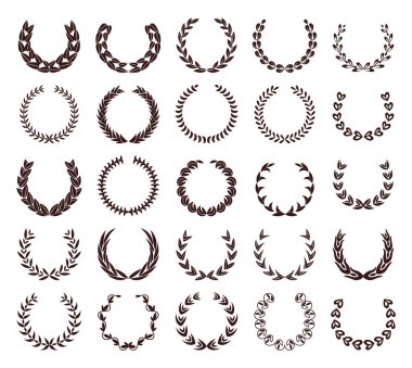 Vintage laurel wreaths set. Collection of different black silhouette circular signs depicting an award achievement heraldry, nobility, emblem. Laurel wreath award, prize or victory set.