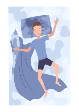 Sleep people on bed. Character lying posture during night slumber. Top view asleep boy at bedroom. Male night dream position.