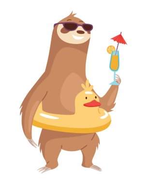 Sloth character with inflatable circle and cocktail. Cute cartoon sloth-bear character. Funny lazy animal, hand drawn clip art illustration. Jungle rainforest sloth. Tropical mammal or adorable sloth.