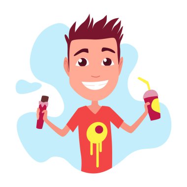 Kid having breakfast or lunch meal. Boy eating and drinking food, drinks. Smiling children enjoy dishes. Eating habits nutrition.