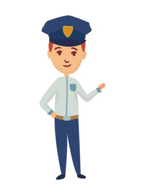 Kid profession policeman. Cartoon young person in professional uniform. Cute children occupation vector illustration. Boy character in professions suit.