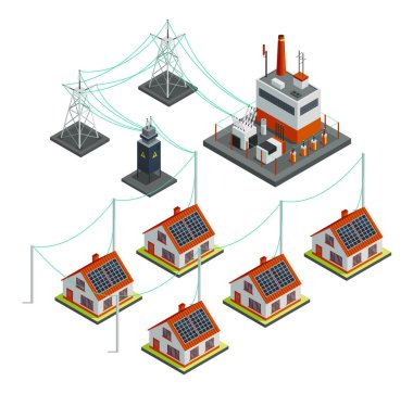 Energy power grid isometric. Power distribution with family house, wind and high voltage electricity grid pylons, electric transformer. Electric transmission network providing energy supply.