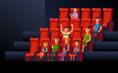 Cinema. People sitting in chairs at movie theater auditorium. Young and old men, women and children watching film or motion picture. Viewers or moviegoers. Flat cartoon vector illustration.