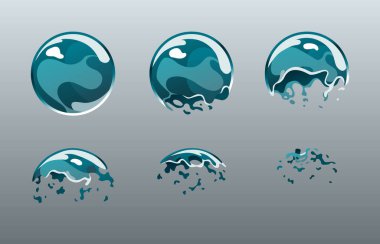 Soap bubble animation. Ball chemical or water spherical figure. Round burst explosion sprite sheet effect. Game or motion design. Vector isolated frames set in cartoon style.