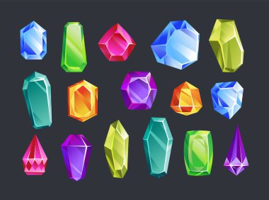 Jewelry gemstone. Precious stones and gems. Set of colorful isolated elements - crystals. Vector rhinestone and brilliant, sapphire and amethyst, aquamarine and tourmaline, diamond and emerald.