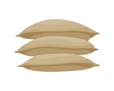 Un, pirinç ya da tuz için çuval bezi çiftliği çantası. Kahverengi tekstil balyasında tarım üretimi, içinde ürünle birlikte kapalı. Çizgi film vektör simgesi beyaz arkaplanda izole edildi.