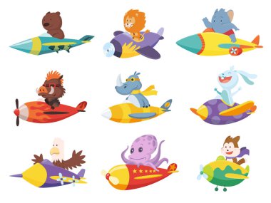 Set of cute baby animals lion, fox and eagle on airplanes. Collection of funny pilots pig, rabbit, elephant, bear and octopus flying on planes. Cartoon vector characters flying on retro transport.