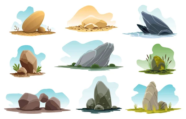 Boulder Rock Stones Debris Mountain Cartoon Stones Elements Game Flat — Vetor de Stock