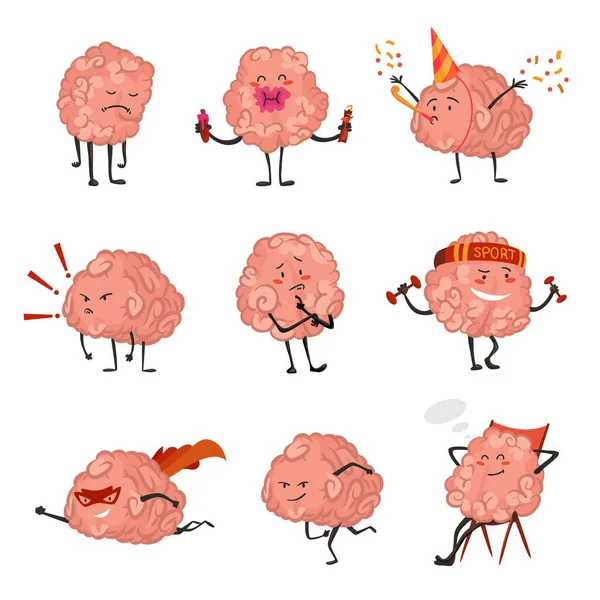 Brain Character Emotion Intelligence Emoji Slipping Loving Smiling Illustration Cute — Stockvector