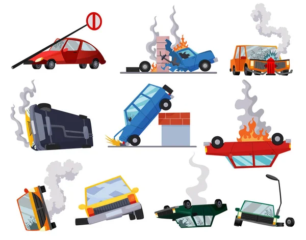 Accidentes Autos Dañados Iconos Accidente Tráfico Con Símbolos Accidente Coche — Archivo Imágenes Vectoriales