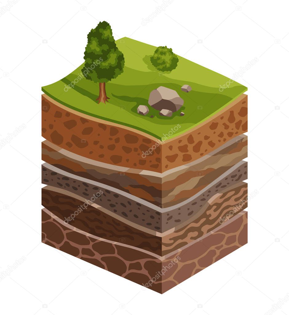 Showing soil layers of earth. Cross section, schematic education poster. Soil, sand, gravel, loam, clay. Top layers with grass, tree and stones.