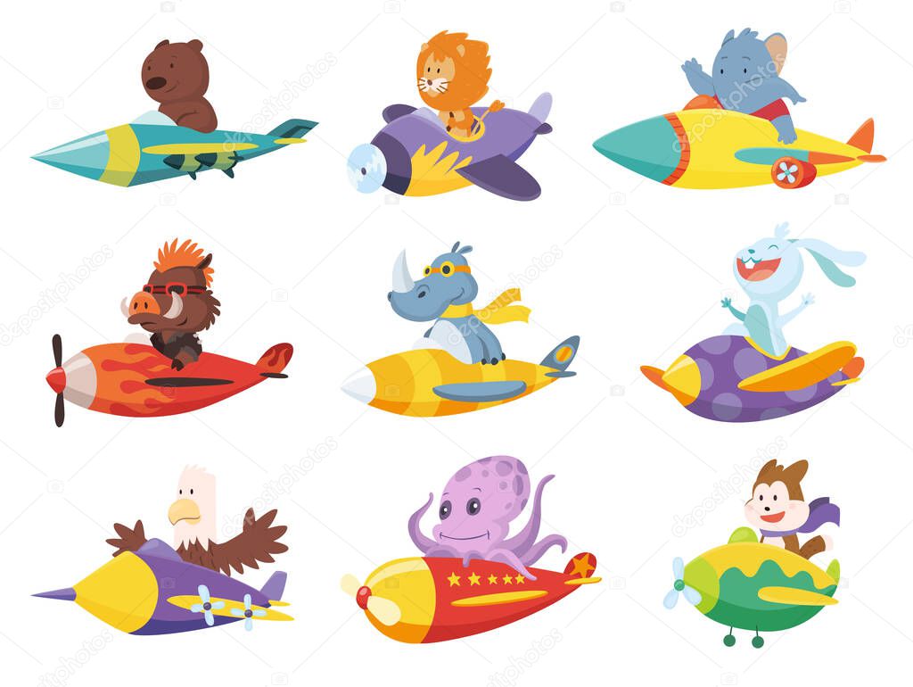 Set of cute baby animals lion, fox and eagle on airplanes. Collection of funny pilots pig, rabbit, elephant, bear and octopus flying on planes. Cartoon vector characters flying on retro transport.