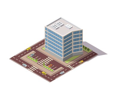 Ofisler izometrik. Mimarlık, iş merkezinin ön cephesi. Bilgi elemanı. Mimari vektör 3d illüstrasyon. Yolları olan şehir evi kompozisyonu.
