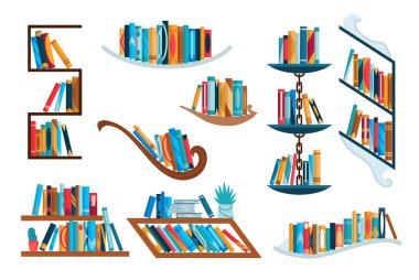 Renkli kitaplarla kitap koleksiyonu. Okul ve eğitim duvarları konsepti. Kütüphanenin iç unsuru. Düz okuma kitapları illüstrasyonu.