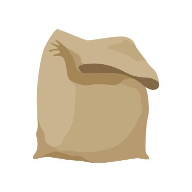 Un, pirinç ya da tuz için çuval bezi çiftliği çantası. Kahverengi tekstil balyasında tarım üretimi, içinde ürünle birlikte kapalı. Çizgi film vektör simgesi beyaz arkaplanda izole edildi.