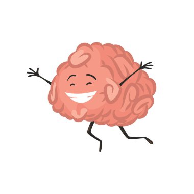 Brain character emotion. Intelligence emoji is smiling. Cute hero brain emoji isolated on white background. Funny cartoon emoticon.