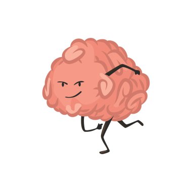 Brain character emotion. Intelligence emoji is running. Cute hero brain emoji isolated on white background. Funny cartoon emoticon.