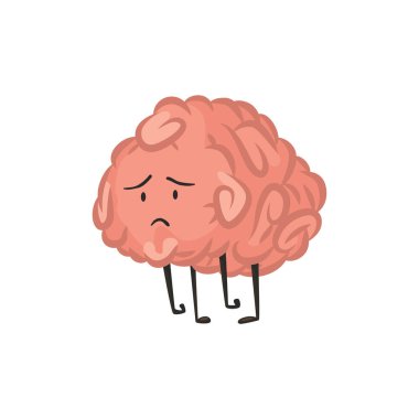Brain character emotion. Intelligence emoji is sad. Cute hero brain emoji isolated on white background. Funny cartoon emoticon.