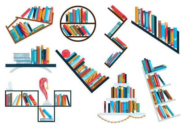 Bookshelves Collection Colorful Books Back School Education Study Wall Concept — Stock Vector