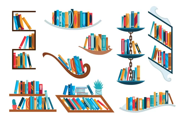 Könyvespolcok Gyűjteménye Színes Könyvekkel Vissza Iskolai Oktatási Tanulófal Koncepciójához Könyvtár — Stock Vector