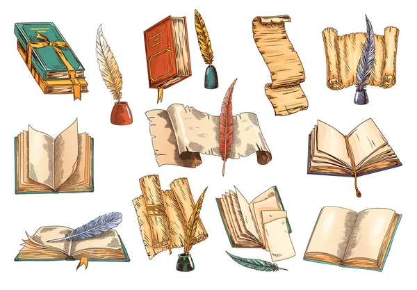 Collection Old Books Antique Quills Ink Bottle Set Education Wisdom — стоковый вектор