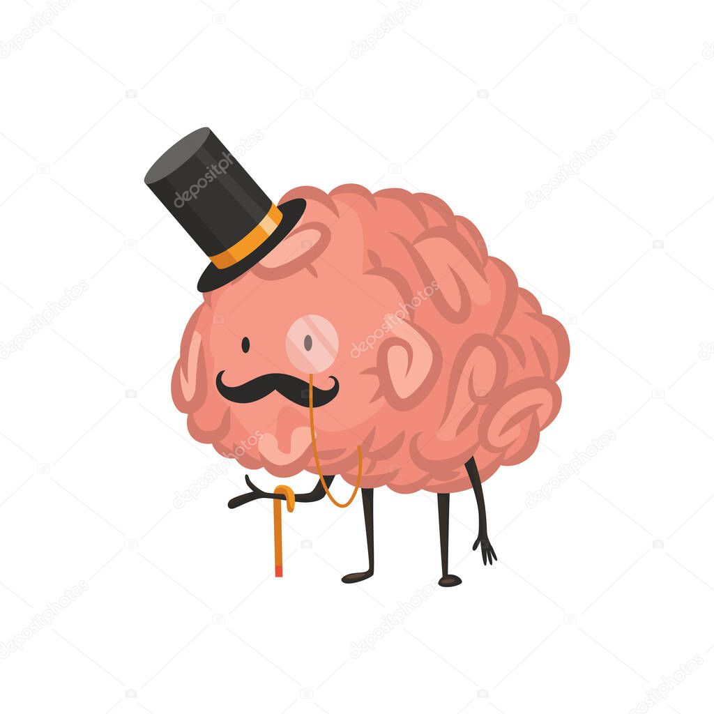 Brain character emotion. Intelligence emoji with mustache and cap. Cute hero brain emoji isolated on white background. Funny cartoon emoticon.