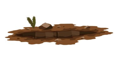 Delik. Yeraltına giriş, büyük bir çatlak ya da yıkıntı. Kirli, karanlık giriş, çizgi film tarzında detaylı çizim. Çukur, çim ve taşlarla dolu derin bir çukur. Vahşi hayvanın çizgi film ini.