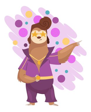Sloth character in view of Elvis Presley. Cute cartoon sloth-bear character. Funny lazy animal, hand drawn clip art illustration. Jungle rainforest sloth. Tropical mammal or adorable sloth.