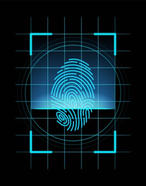 Parmak izi tanımlaması. Parmak izi, güvenlik ya da tanımlama sistemi konseptini tara. Fütürist teknoloji. Biyometrik veri tasarımı. Başparmak çizgileri ve vektör illüstrasyonuna dayalı güvenlik sistemi.