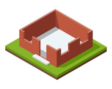 House construction Isometric stage. Visualization of modern building process. Construction of walls phase.