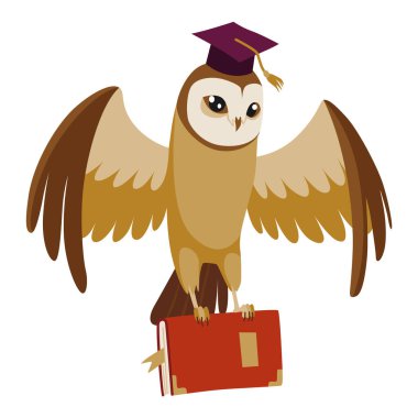 Mezuniyet şapkası takan baykuş. Şapkalı sevimli bilge baykuş. Bilgelik sembolü veya yüksek veya orta öğretim kurumundan mezun olma.