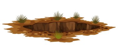 Hole ground. Works digging of sand coal waste rock or gravel. Brown, dry mine element of landscape. Cartoon illustration.