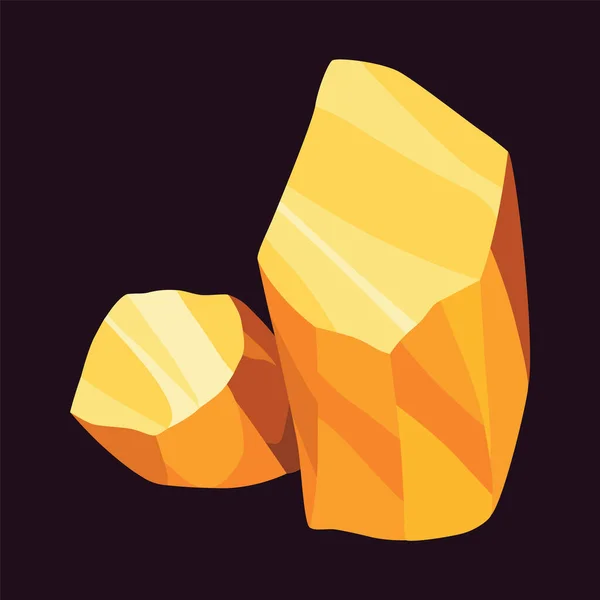 金鉱山のナゲット 貴重な鉱石採掘物 黄金のゲームUi石キット 黒に隔離された漫画の宝琥珀岩 多角形の岩 黄色の金属のベクトルアイコン — ストックベクタ