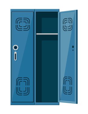 Metal dolaplar ya da okul soyunma odası çelik dolap. Açık ve kapalı kapılar, kilitler ve raflar ve havalandırmalar ile izole edilmiş gri bir depo kutusu..