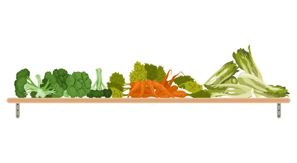 Estante Con Verduras Surtido Verduras Frescas Marcador Granjeros Tienda Comestibles — Vector de stock